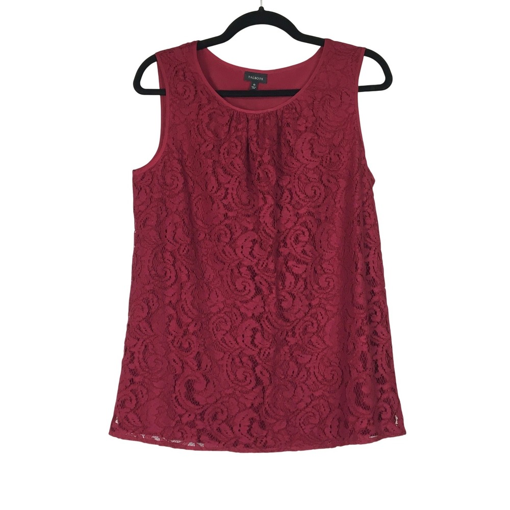 Talbots Burgundy Lace Overlay Tank Blouse Pleated Neck Size 10
